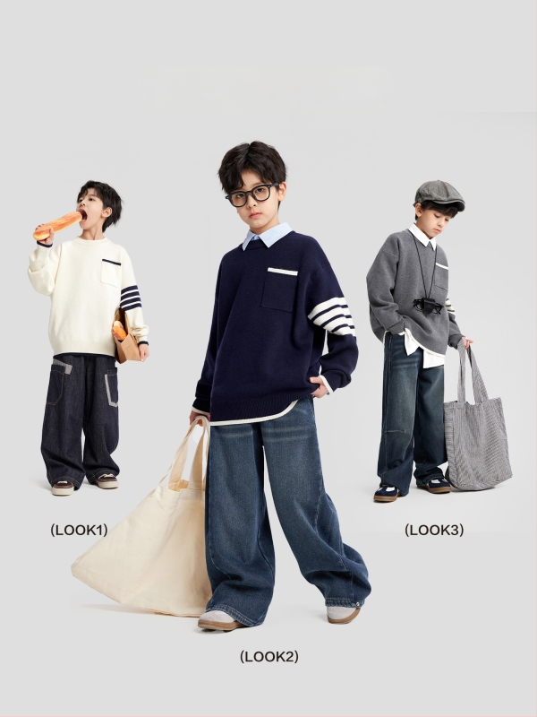 Bērnu svītrainas adīts džemperis, garās piedurknes, apaļš kakls, galvenā auduma 77% poliestera, korejiešu stils