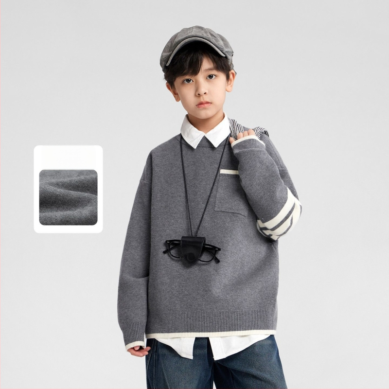 Bērnu svītrainas adīts džemperis, garās piedurknes, apaļš kakls, galvenā auduma 77% poliestera, korejiešu stils