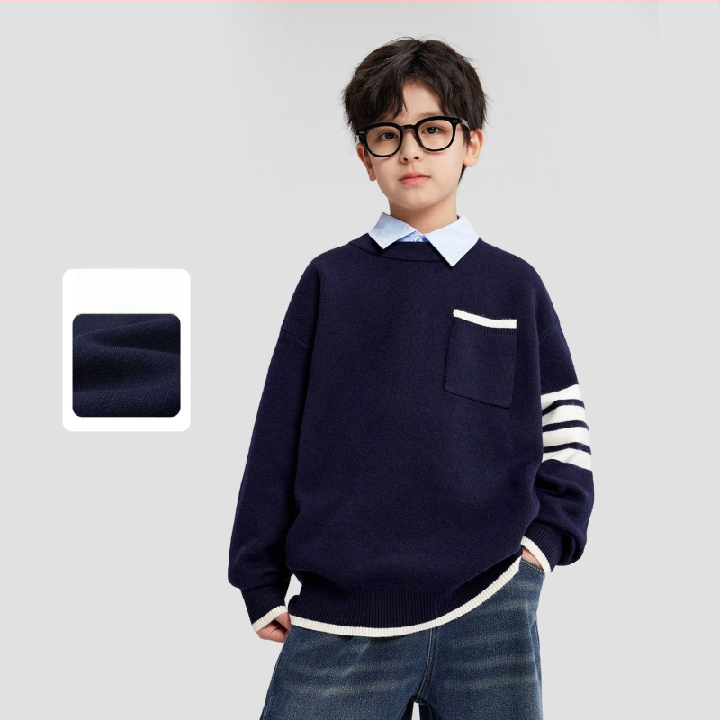 Bērnu svītrainas adīts džemperis, garās piedurknes, apaļš kakls, galvenā auduma 77% poliestera, korejiešu stils