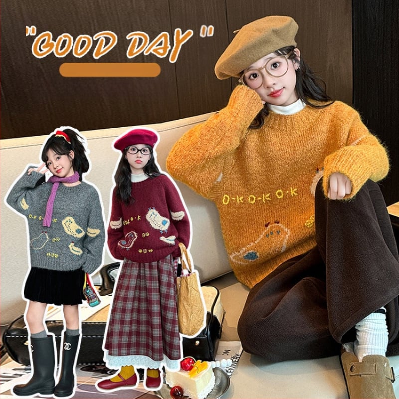 Meitenēm adīts džemperis ar garām piedurknēm, apaļš kakls, korejiešu stils, 75% poliesters, rudens 2025