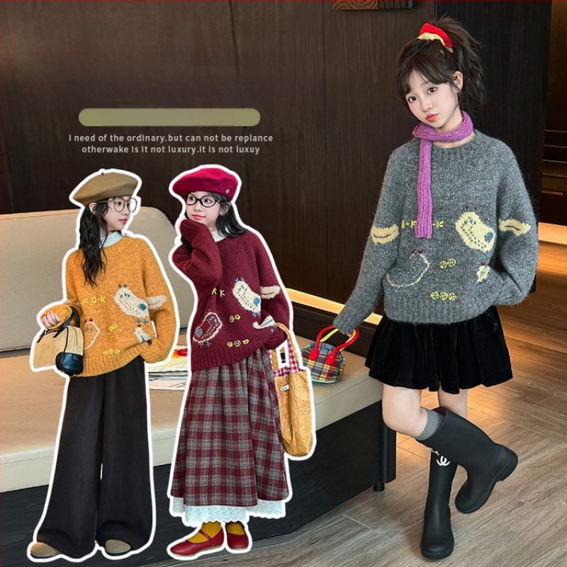 Meitenēm adīts džemperis ar garām piedurknēm, apaļš kakls, korejiešu stils, 75% poliesters, rudens 2025