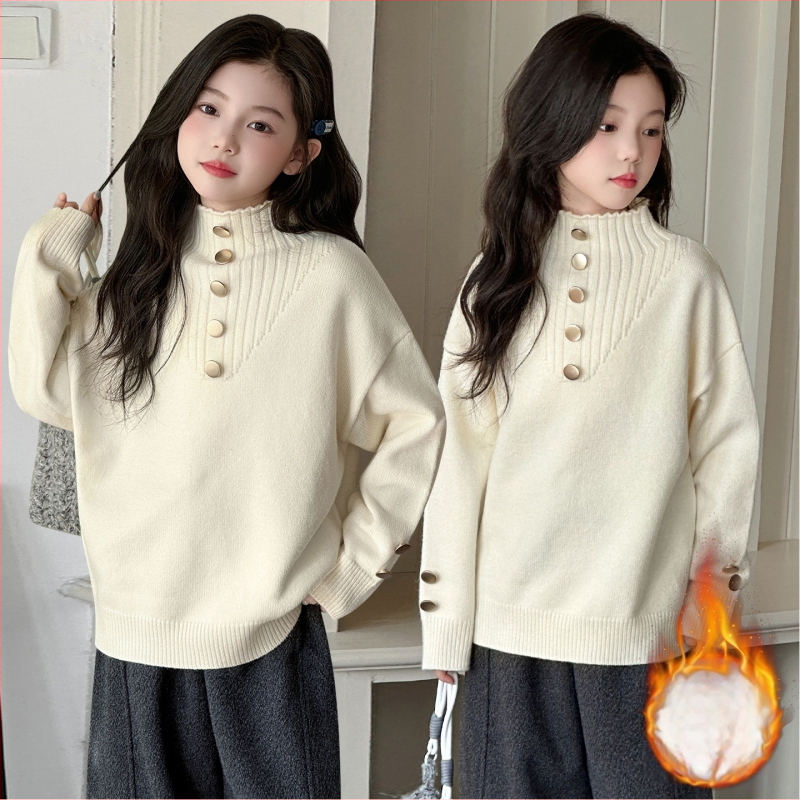 Meitenēm adīts biezs flīsa džemperis ar korejas stila stāvošu apkakli, garām piedurknēm
