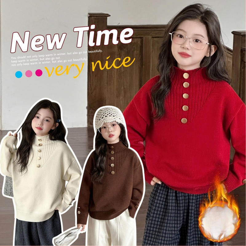 Meitenēm adīts biezs flīsa džemperis ar korejas stila stāvošu apkakli, garām piedurknēm