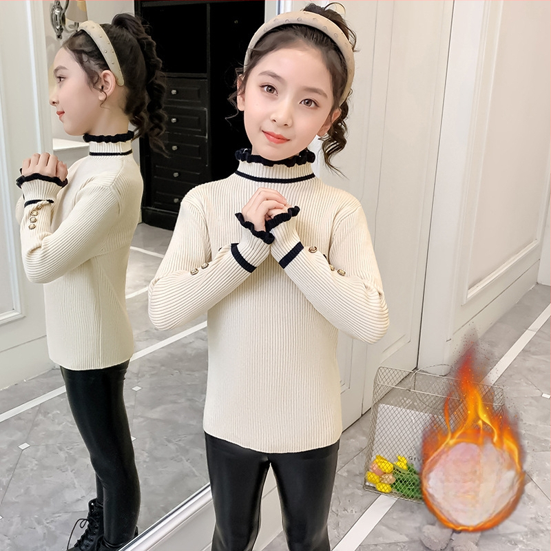 Meitenēm paredzēts korejiešu stilā velūra adīts džemperis ar trušu kažokādas core-spun šķiedrām, biezs