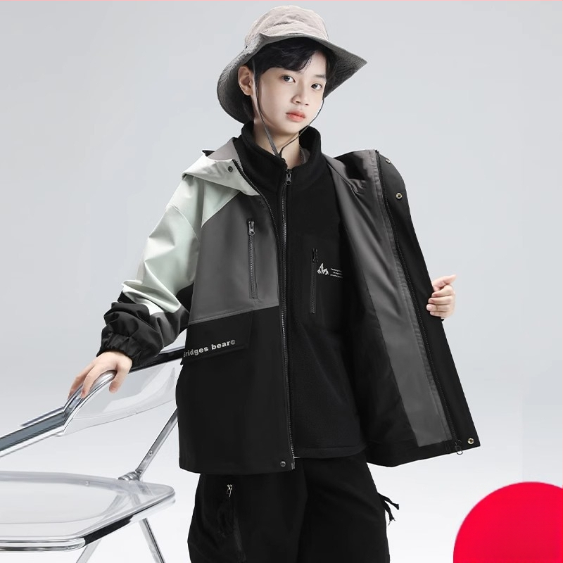 Bērnu 3-in-1 ārējā slēpošanas jaka, ūdensnecaurlaidīga 1500 mm, pretvēja, kapuce, noņemama poliesteru odere