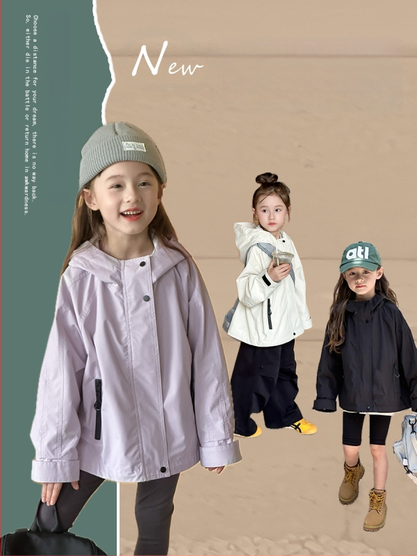 Unisex bērnu jaka - ūdensizturīga un pretvēja, ar kapuci, rāvējslēdzēja aizdare, Korejas stila casual (īsā garuma)