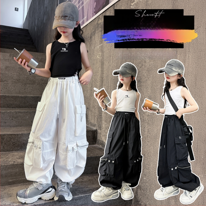 Meiteņu vasaras divdaļīgs komplekts: bez piedurknēm veste un cargo-harem bikses, 70% kokvilna, uzraksts ar burtiem, korejiešu stils