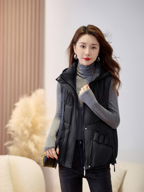 Sieviešu īsa kapuces veste ar poliestera un kokvilnas pildījumu, bieza auduma, rāvējslēdzēja aizdare, parasts garums, elegantisks pilsētas stils