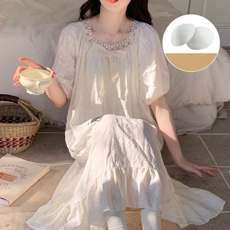 Νυχτερινό φόρεμα από cloud βαμβάκι, ένα κομμάτι, στυλ παραμυθένιο, τετράγωνος γιακάς, μανίκια ¾ – άνετο για χαλάρωση στο σπίτι και εξωτερική χρήση