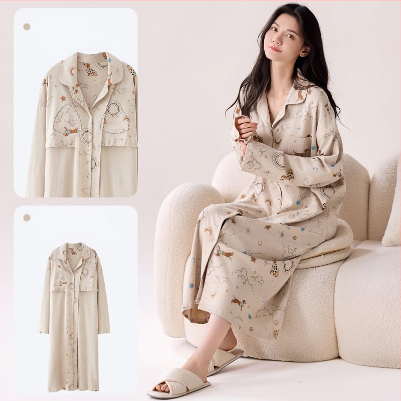 Νυχτικό με ενσωματωμένη επένδυση στήθους, 100% βαμβάκι, μακριά μανίκια, μεσαίου μήκους, γιακά τύπου λαφέλ, γυναικείο οικιακό ρούχο για άνοιξη και φθινοπωρο