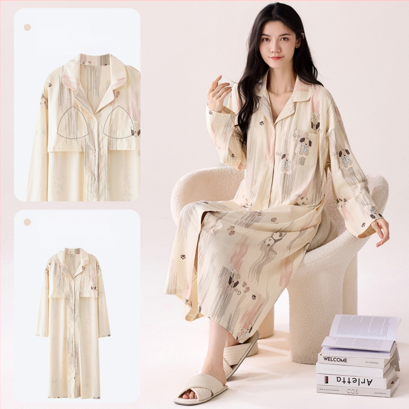 Νυχτικό με ενσωματωμένη επένδυση στήθους, 100% βαμβάκι, μακριά μανίκια, μεσαίου μήκους, γιακά τύπου λαφέλ, γυναικείο οικιακό ρούχο για άνοιξη και φθινοπωρο