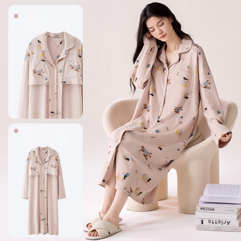 Νυχτικό με ενσωματωμένη επένδυση στήθους, 100% βαμβάκι, μακριά μανίκια, μεσαίου μήκους, γιακά τύπου λαφέλ, γυναικείο οικιακό ρούχο για άνοιξη και φθινοπωρο