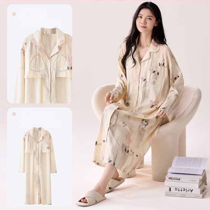 Νυχτικό με ενσωματωμένη επένδυση στήθους, 100% βαμβάκι, μακριά μανίκια, μεσαίου μήκους, γιακά τύπου λαφέλ, γυναικείο οικιακό ρούχο για άνοιξη και φθινοπωρο