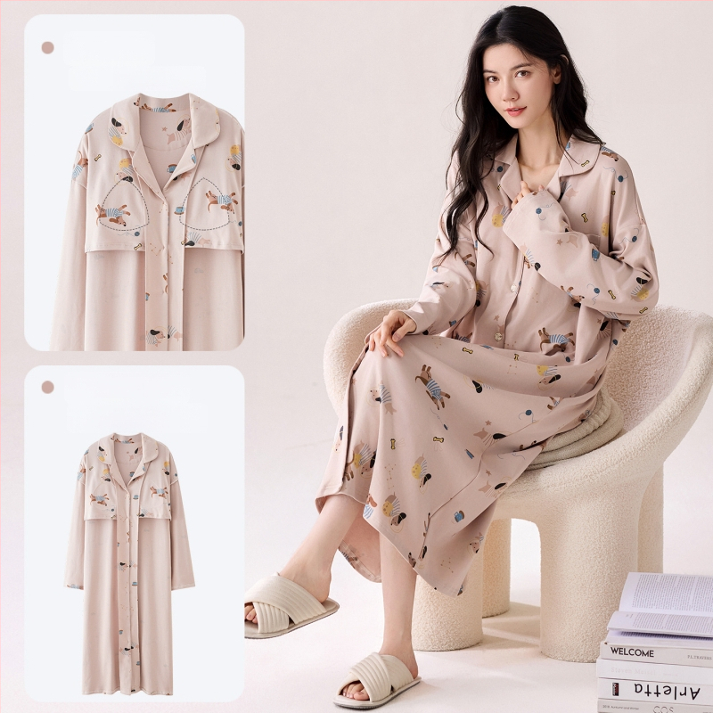 Νυχτικό με ενσωματωμένη επένδυση στήθους, 100% βαμβάκι, μακριά μανίκια, μεσαίου μήκους, γιακά τύπου λαφέλ, γυναικείο οικιακό ρούχο για άνοιξη και φθινοπωρο