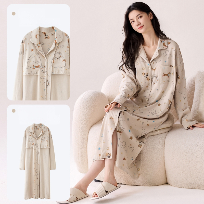 Νυχτικό με ενσωματωμένη επένδυση στήθους, 100% βαμβάκι, μακριά μανίκια, μεσαίου μήκους, γιακά τύπου λαφέλ, γυναικείο οικιακό ρούχο για άνοιξη και φθινοπωρο