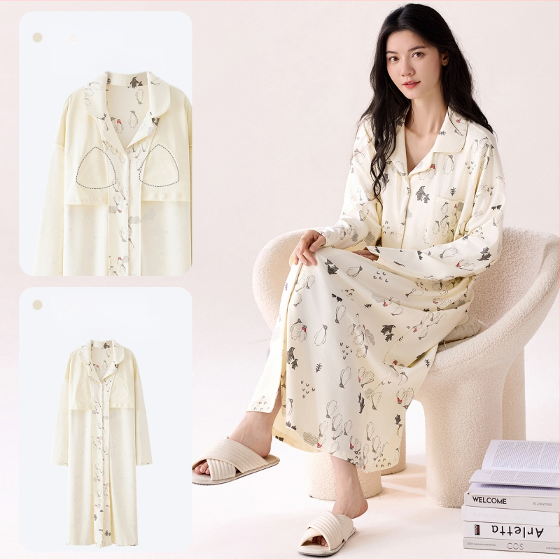 Νυχτικό με ενσωματωμένη επένδυση στήθους, 100% βαμβάκι, μακριά μανίκια, μεσαίου μήκους, γιακά τύπου λαφέλ, γυναικείο οικιακό ρούχο για άνοιξη και φθινοπωρο