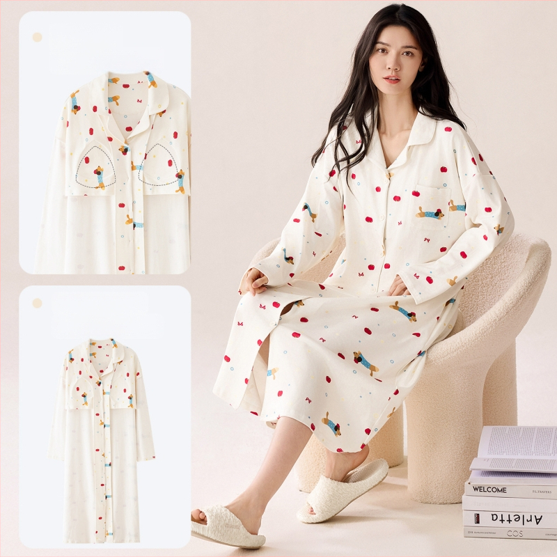 Νυχτικό με ενσωματωμένη επένδυση στήθους, 100% βαμβάκι, μακριά μανίκια, μεσαίου μήκους, γιακά τύπου λαφέλ, γυναικείο οικιακό ρούχο για άνοιξη και φθινοπωρο