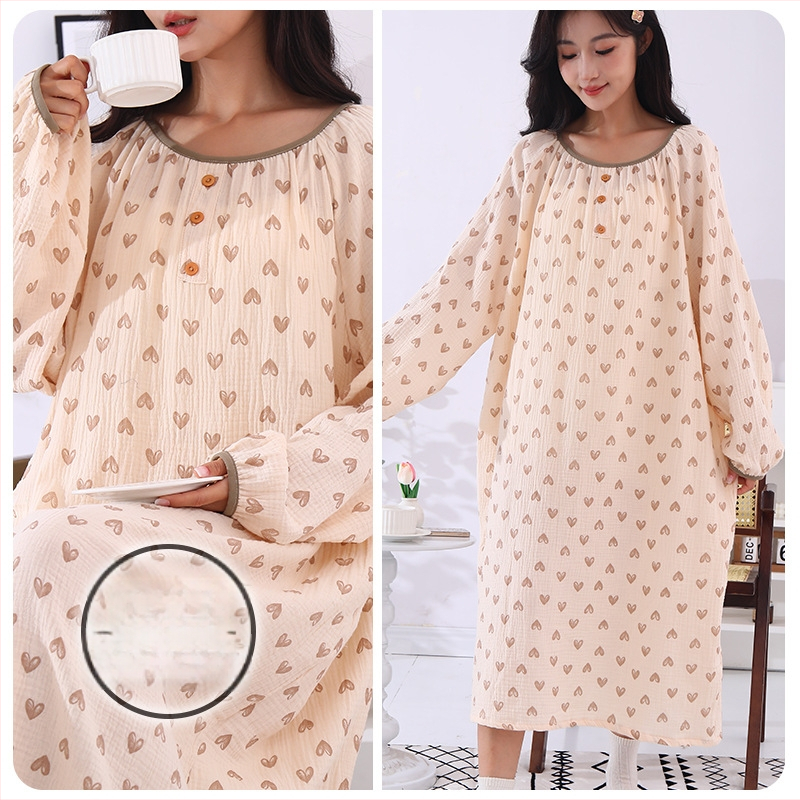 Νυχτικό από διπλή γάζα βαμβακιού για εγκύους, ενιαίο νυχτικό, στρογγυλή λαιμόκοψη, μανίκια 3/4, 100% βαμβάκι, διπλή γάζα