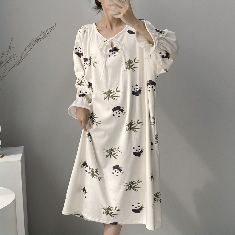 Νυχτικό Island Velvet με Panda print, φλις επένδυση, μακριά μανίκια, μεσαίου μήκους