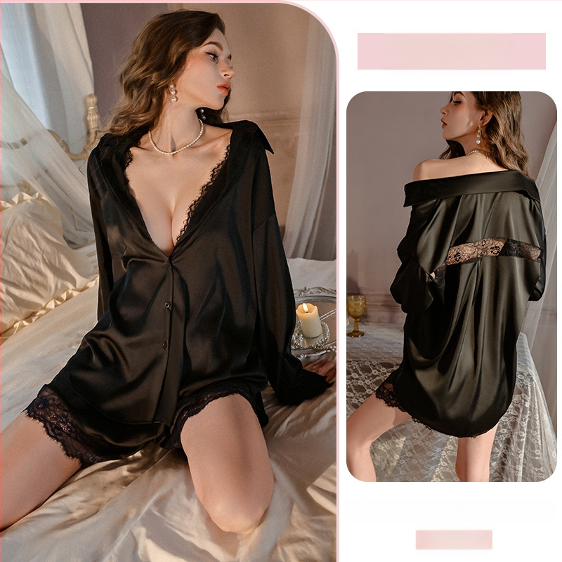 Σετ πιτζάμες με δαντέλα για μεγάλος μέγεθος: πουκάμισο με V-λαιμό και χαλαρή νυχτικιά, πολυεστέρας, κατάλληλο για όλες τις εποχές