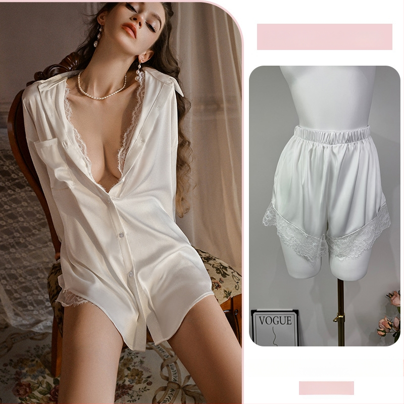 Σετ πιτζάμες με δαντέλα για μεγάλος μέγεθος: πουκάμισο με V-λαιμό και χαλαρή νυχτικιά, πολυεστέρας, κατάλληλο για όλες τις εποχές