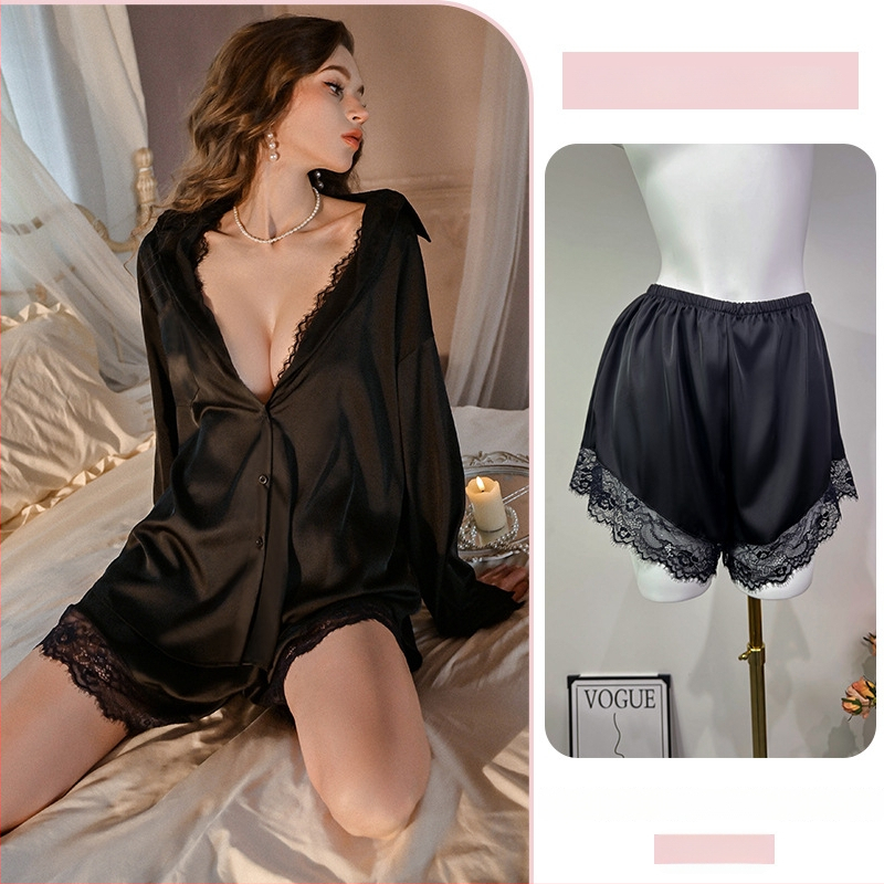 Σετ πιτζάμες με δαντέλα για μεγάλος μέγεθος: πουκάμισο με V-λαιμό και χαλαρή νυχτικιά, πολυεστέρας, κατάλληλο για όλες τις εποχές