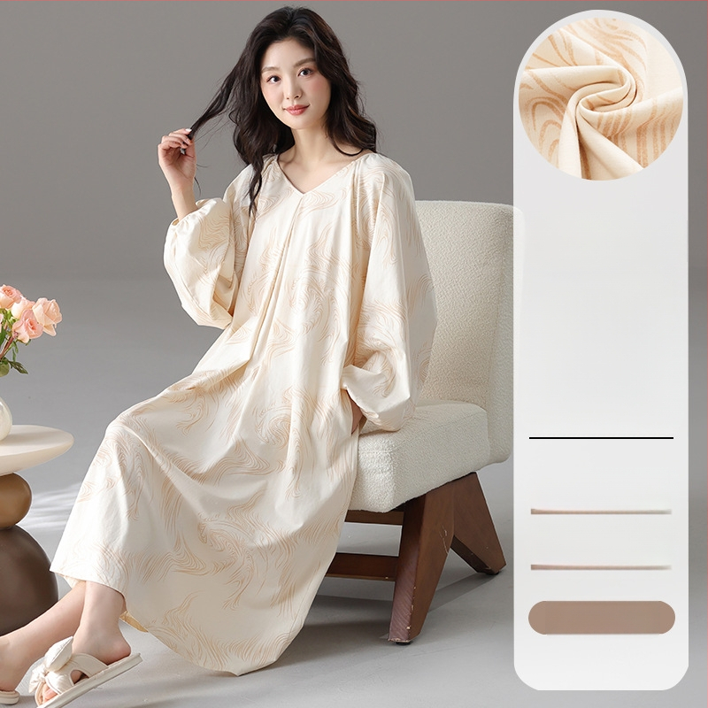 Νυχτερινή ρόμπα από πλεκτό βαμβάκι, μακριά μανίκια, στρογγυλός λαιμός, άνετη εφαρμογή, μακρύ μήκος (βάρος υφάσματος 181–200 g/m²)