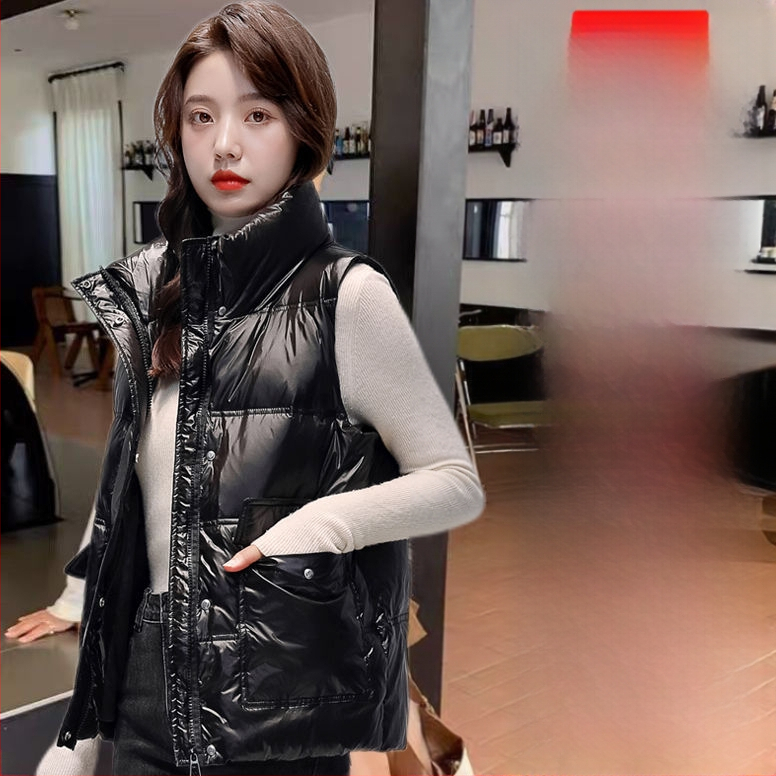 Женски къс пухен жилет, свободна кройка, стойка яка, ултра къса дължина, пълнител: бял пух от патица, Chenille плат с еластан