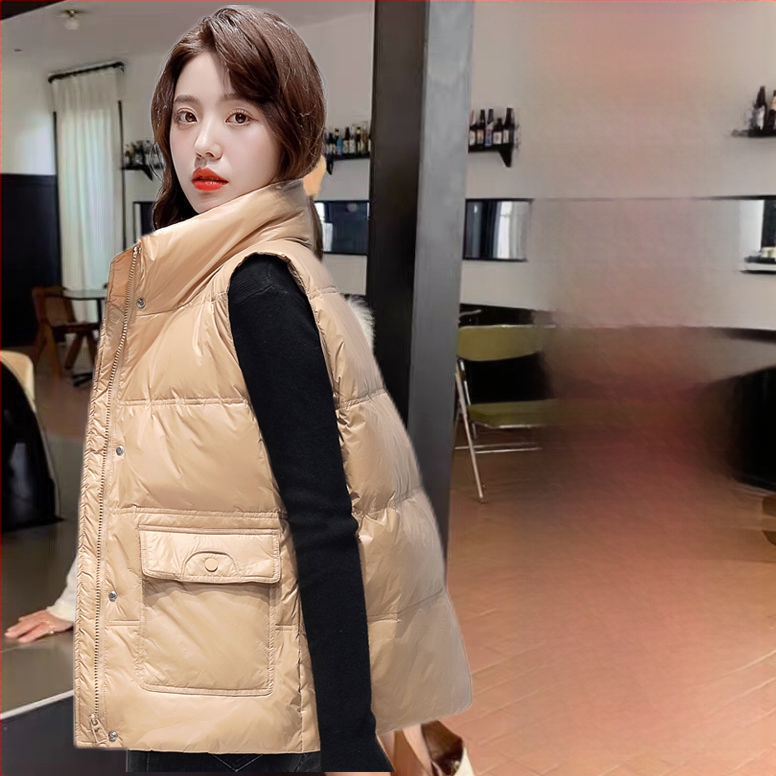 Женски къс пухен жилет, свободна кройка, стойка яка, ултра къса дължина, пълнител: бял пух от патица, Chenille плат с еластан