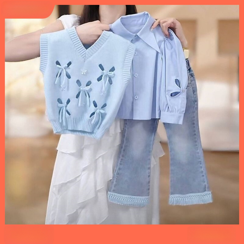 Meiteņu trīsdaļīgs rudens komplekts ar corduroy audumu un 50-70% trušu kažokādas, mīkstai apdarei, garas piedurknes, bez kapuces, zīdaiņiem 0-1 gadi