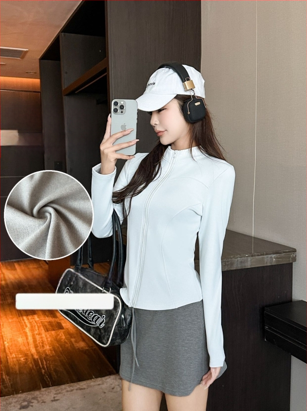 Ζακέτα με ψηλό γιακά, φερμουάρ, στενή γραμμή, μακριά μανίκια, ανάμειξη πολυεστέρα-σπαντέξ