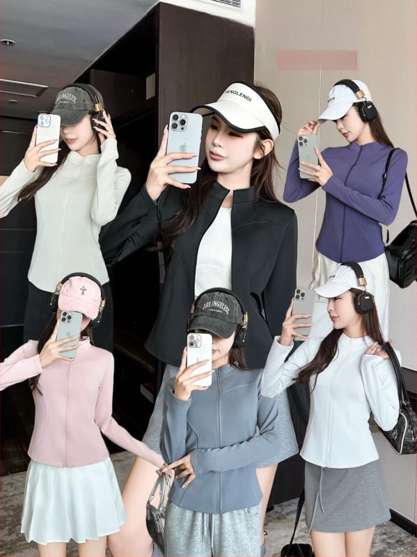 Ζακέτα με ψηλό γιακά, φερμουάρ, στενή γραμμή, μακριά μανίκια, ανάμειξη πολυεστέρα-σπαντέξ