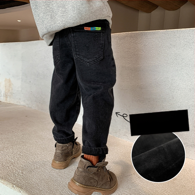 Bērnu džinsi ar fleece iekšpusi, korejiešu stilā, brīvā piegriezuma, 75% kokvilna, ziemas kolekcija 2024