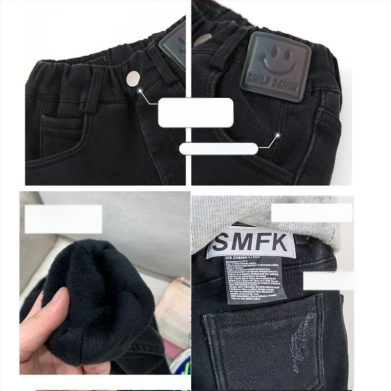 Bērnu džinsi ar fleece iekšpusi, korejiešu stilā, brīvā piegriezuma, 75% kokvilna, ziemas kolekcija 2024