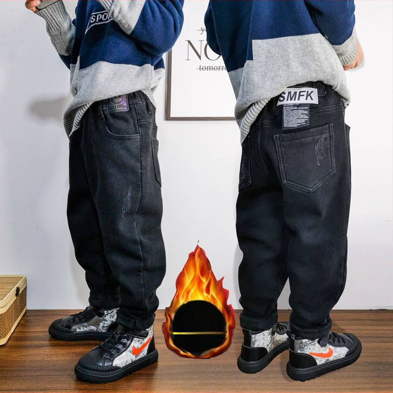 Bērnu džinsi ar fleece iekšpusi, korejiešu stilā, brīvā piegriezuma, 75% kokvilna, ziemas kolekcija 2024