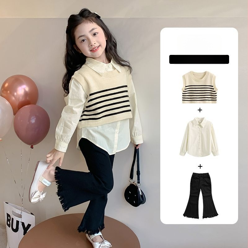 Meiteņu trīsdaļīgs komplekts rudens stilā, svītrainais raksts, princeses stils, garas piedurknes, viena pogas aizdare, džinsu bikses