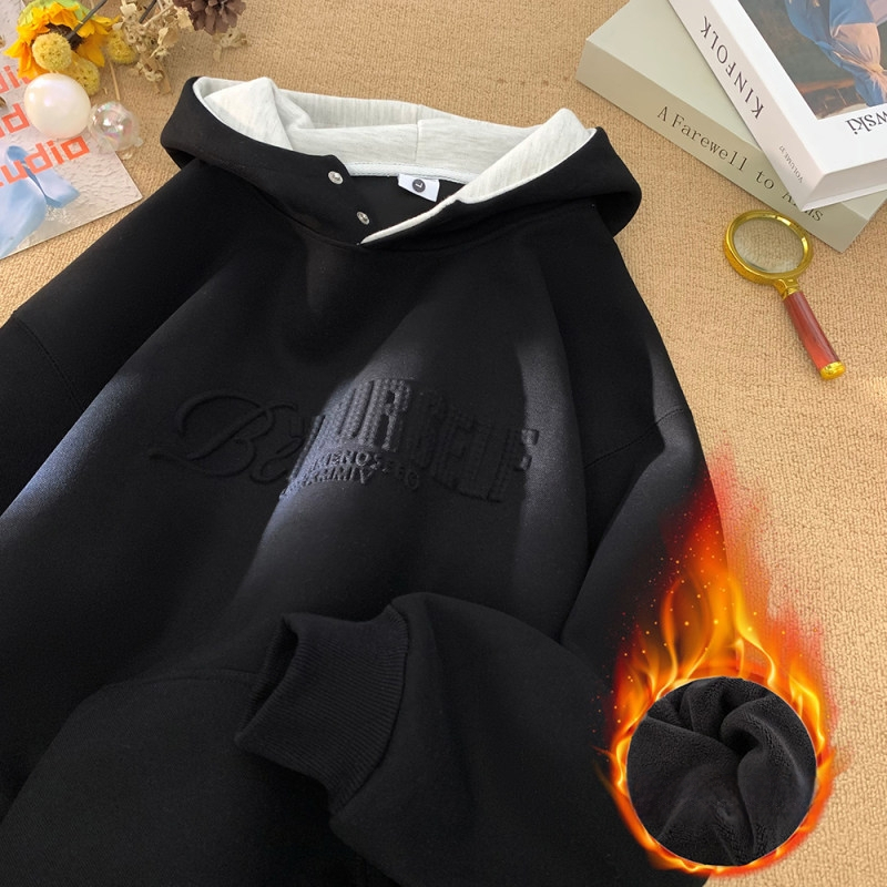 Američki stil teški hoodie s kapuljom, logotipom od metalnog pečata s slovima, opušteni casual kroj, fleece podstava za jesen i zimu, urban street stil