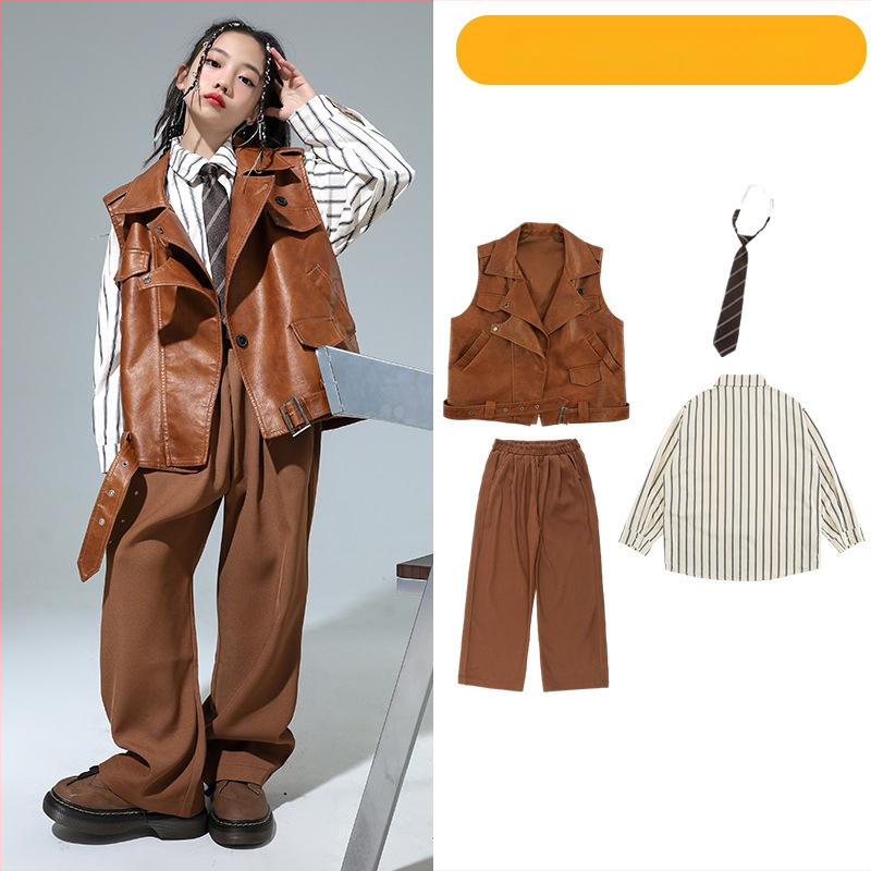 Bērnu hip-hop ādas jakas komplekts ar saplēstām džinsiem – Sintētiskā āda, pavasaris un rudens, 8+ gadu vecumam, izcelsme Zhejiang