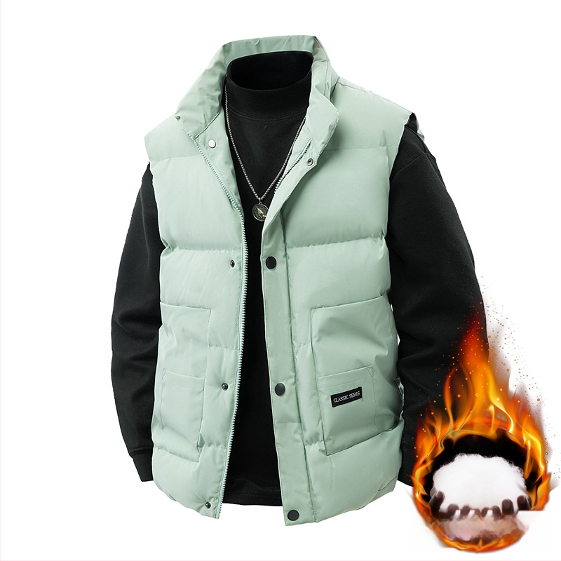 Férfi ujjatlan mellény poliészter töltettel és béléssel, álló gallérral, laza szabás, oldalsó zsebek, őszi-téli mindennapi viseletre