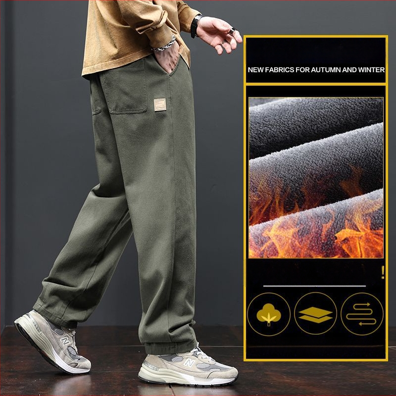 Férfiaknak szabadidős munkásnadrág koreai stílusban, lazán szabott, pamut, zsinóros zárás