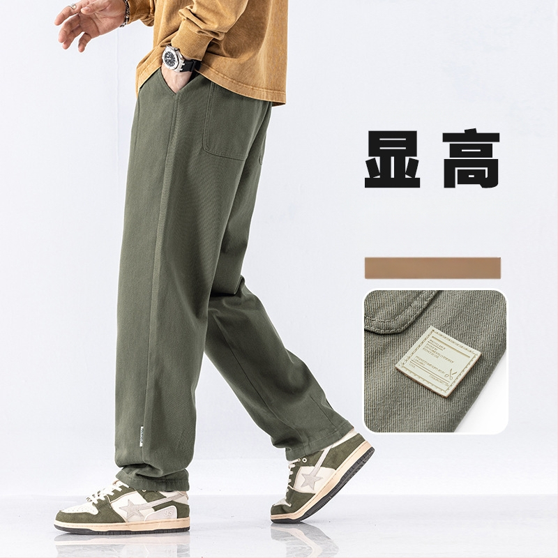 Férfiaknak szabadidős munkásnadrág koreai stílusban, lazán szabott, pamut, zsinóros zárás