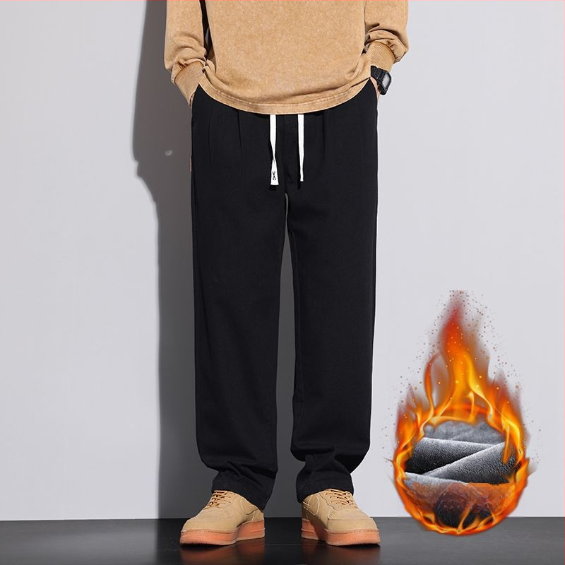 Férfiaknak szabadidős munkásnadrág koreai stílusban, lazán szabott, pamut, zsinóros zárás