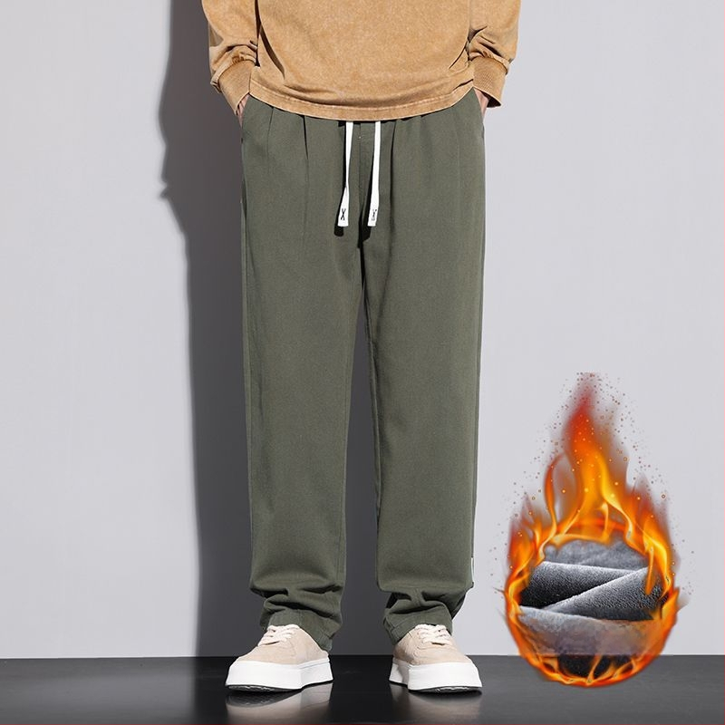 Férfiaknak szabadidős munkásnadrág koreai stílusban, lazán szabott, pamut, zsinóros zárás