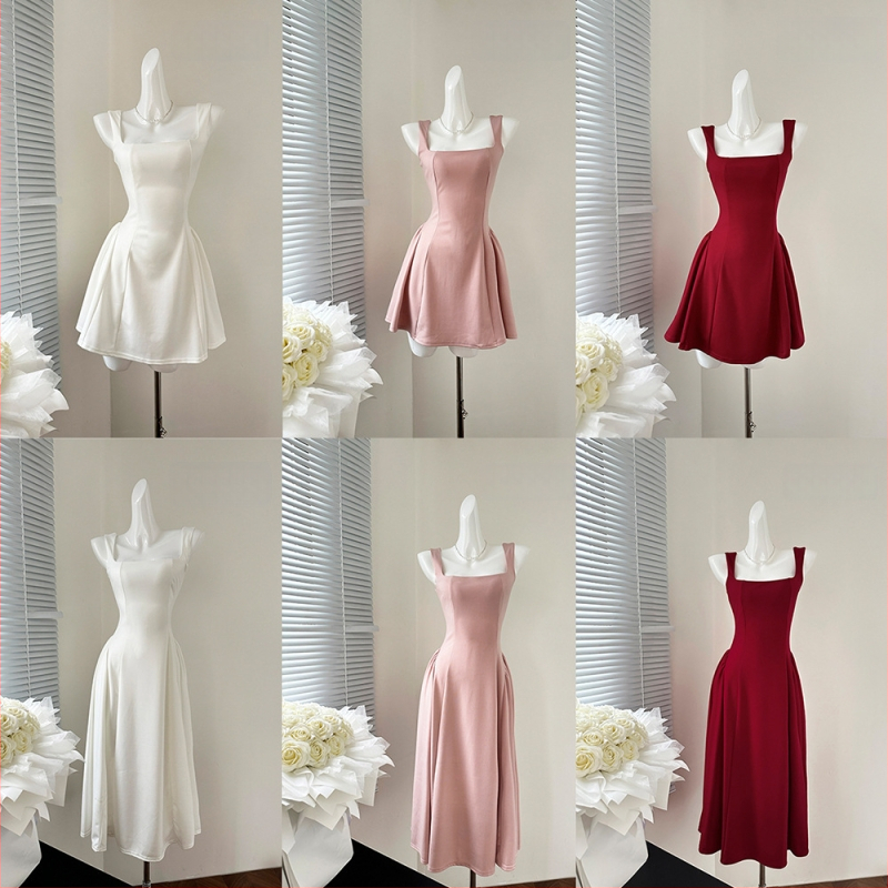 Рокля с презрамки в френски стил, висока талия, памук, цип (Памук; Висока талия; Цип; Презрамки; Френски стил)