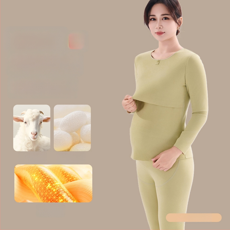 Комплект майчин термо бельо с функция за кърмене, дебела пижама за есенно-зимния период — полиестер 70–80%, кръгло деколте, дълги ръкави, дълги панталони, 251–300 г/м²