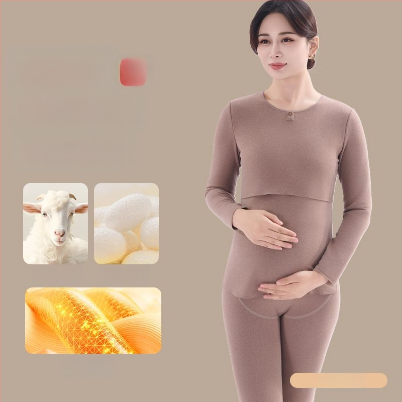 Комплект майчин термо бельо с функция за кърмене, дебела пижама за есенно-зимния период — полиестер 70–80%, кръгло деколте, дълги ръкави, дълги панталони, 251–300 г/м²