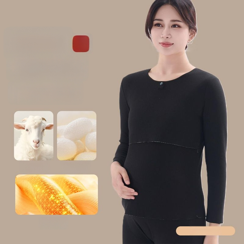 Комплект майчин термо бельо с функция за кърмене, дебела пижама за есенно-зимния период — полиестер 70–80%, кръгло деколте, дълги ръкави, дълги панталони, 251–300 г/м²