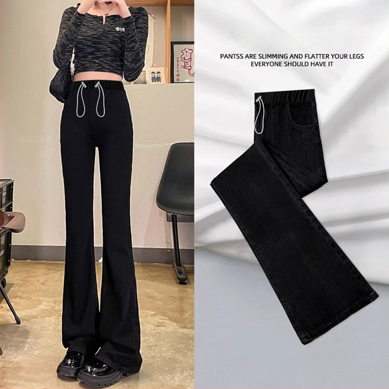 Майчински деним панталони с джобове, шнур за връзване, разширяващ се крачол, коремна опора