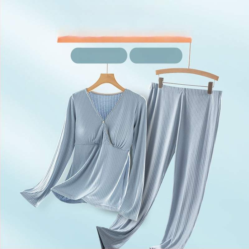 Grūtnieču laktācijas naktsveļa: garas piedurknes, pulovera stils, viskoze 90–95% (milksilk), vidējā blīvuma 181–200 g/m², piemērota visām sezonām.