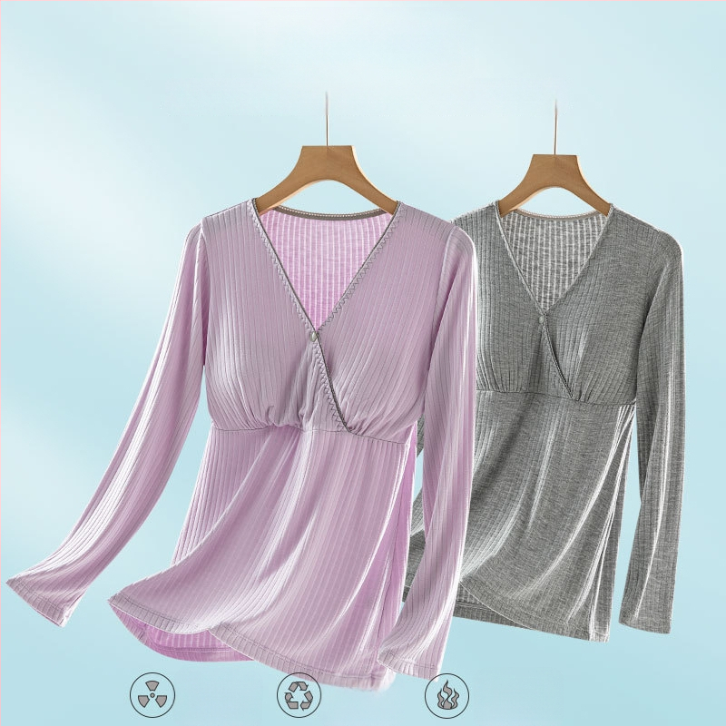 Grūtnieču laktācijas naktsveļa: garas piedurknes, pulovera stils, viskoze 90–95% (milksilk), vidējā blīvuma 181–200 g/m², piemērota visām sezonām.